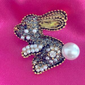 Small Bunny Rabbit Minj Brooch with Faux Pearl Tail  - Spring Easter
